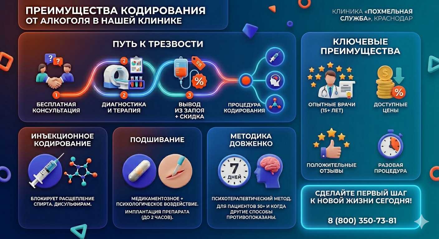 Инфографика о методах кодирования от алкоголя в Нижнем Ломове: инъекции, подшивание, метод Довженко. Преимущества клиники и этапы лечения.