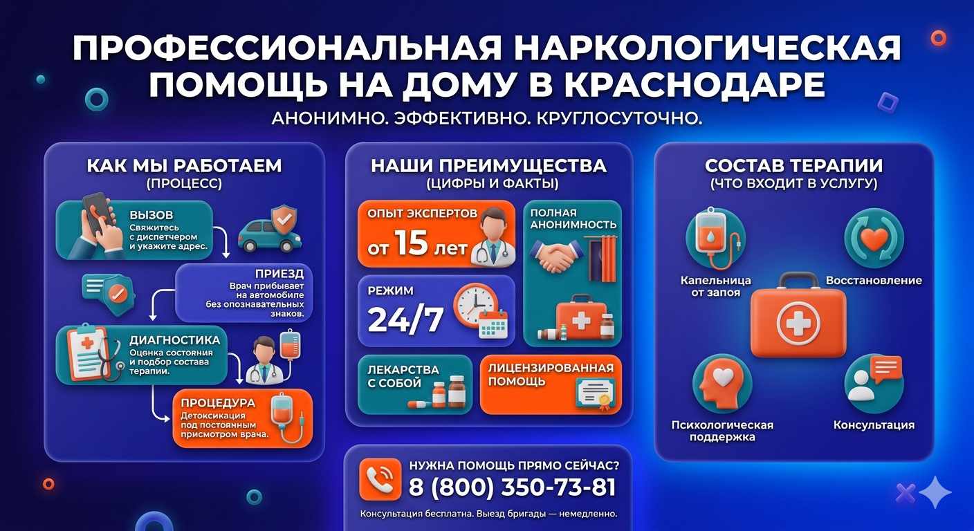 Инфографика о принципах лечения алкоголизма на дому в Нижнем Ломове: этапы вызова нарколога, преимущества анонимной детоксикации и состав медицинской помощи.